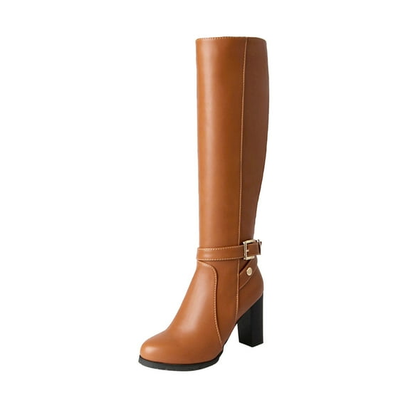 Fesfesfes Cowboy Boots For Women Shoes Side Zipper Solid Color Belt Buckle High Heels Wear-resistant Fashion Classic Knee High Synthetic US:6.5(38)
