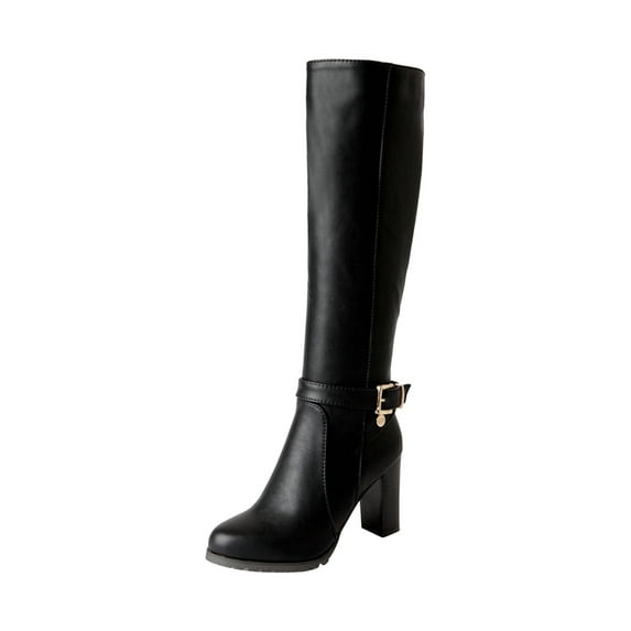 Fesfesfes Cowboy Boots For Women Shoes Side Zipper Solid Color Belt Buckle High Heels Wear-resistant Fashion Classic Knee High Synthetic US:7.5(40)