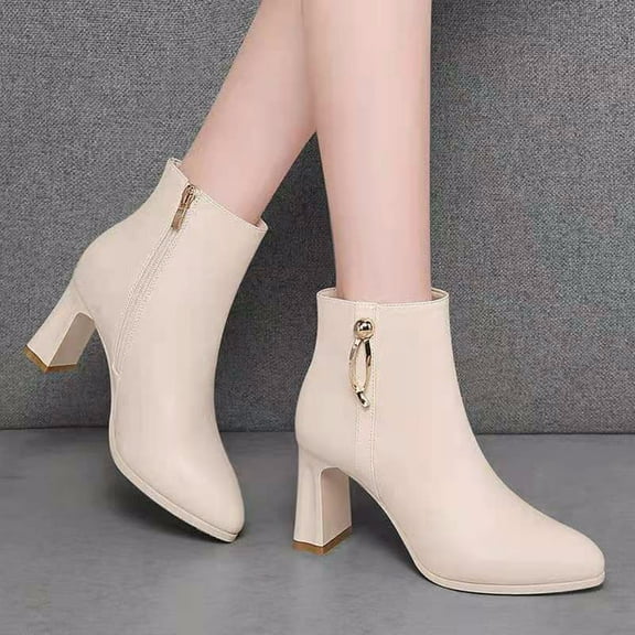 Fesfesfes Cowgirl Boots For Women Fashion Solid Boots Zipper Round High Heel Boots Shoes 6(37)