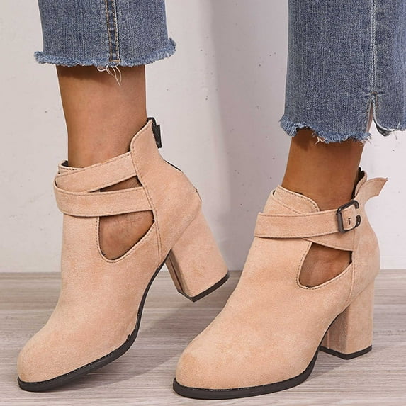 Fesfesfes Cowgirl Boots For Women Retro Casual Suede Low-top Mid-heel Chunky Boots With Buttons 4.5(36)