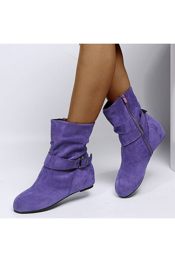 Cowgirl Boots for Teen Girls Retro Vintage Plain Buckle Zipper Casual Inner Heightenin Low Heels Zipper Fall Winter Short Round Toe Shoes 6(37)