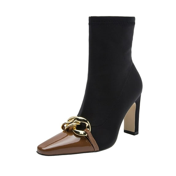 Fesfesfes Cowgirl Boots for Teen Girls Pointed Zip Shoes Winter Solid Color Fashion Square High Heel Chain 5.5(36)