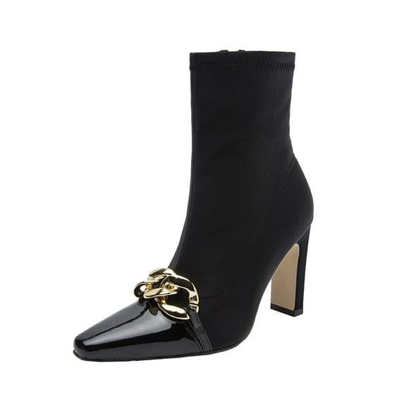 Fesfesfes Cowgirl Boots for Teen Girls Pointed Zip Shoes Winter Solid Color Fashion Square High Heel Chain 6(37)