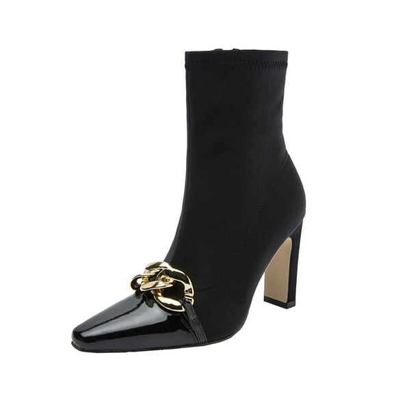 Fesfesfes Cowgirl Boots for Teen Girls Pointed Zip Shoes Winter Solid Color Fashion Square High Heel Chain 7.5(40)