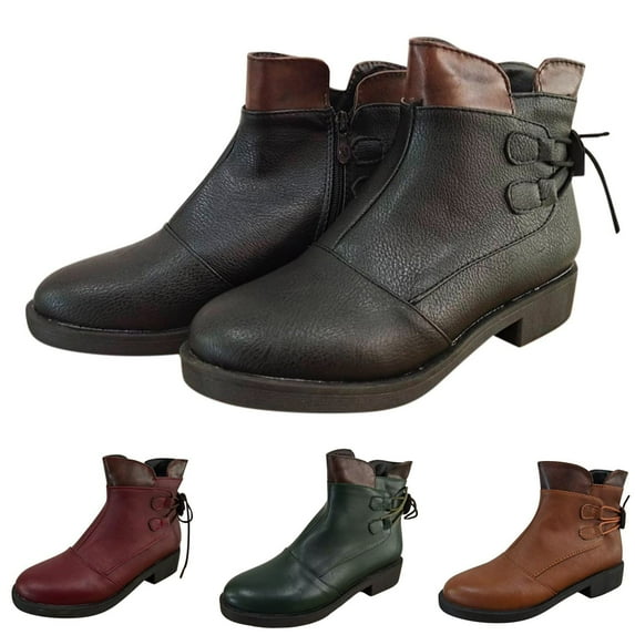 Fesfesfes Cowgirl Boots for Young Ladies Fashion Splicing Boots Zipper Bandage Round Toe Midheel Boots Shoes 7(39)