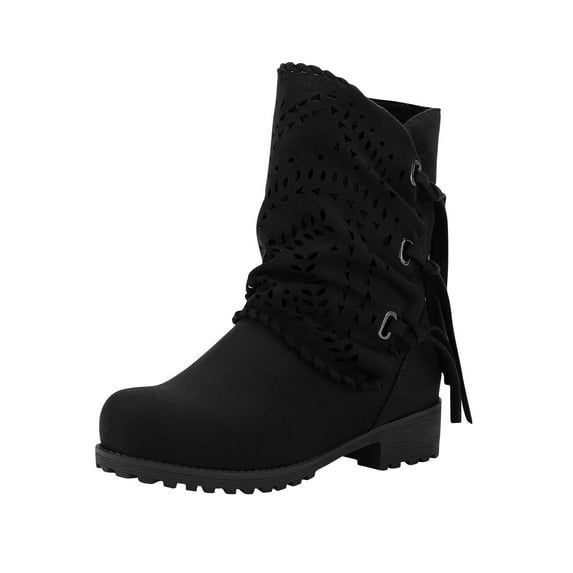 Fesfesfes Cowgirl Boots for Young Ladies Winter Suede Cut Out With Chunky Heels And Low Drum In Solid Color 9.5(43)
