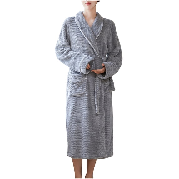 Fesfesfes Cozy Fleece Robe for Women Long Sleeve Lapel Bathrobe with Pockets Soft Loungewear Open Front Home Wear Winter Fall Spring Relaxation(Gray#1,M)