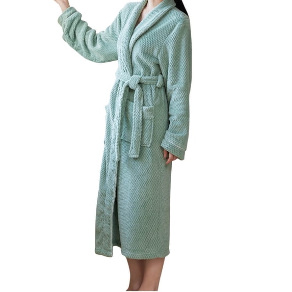 Fesfesfes Cozy Fleece Robe for Women Long Sleeve Lapel Bathrobe with Pockets Soft Casual Wear Open Front Home Wear Winter Fall Spring Relaxation(Green#1,M)