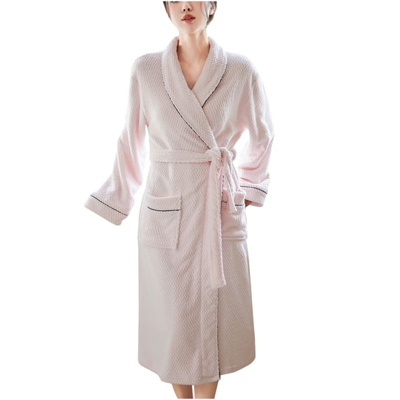 Fesfesfes Cozy Fleece Robe for Women Long Sleeve Lapel Bathrobe with Pockets Soft Casual Wear Open Front Home Wear Winter Fall Spring Relaxation(Pink#1,L)