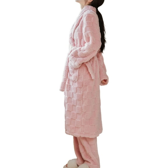 Fesfesfes Cozy Fleece Robe for Women Long Sleeve Lapel Bathrobe with Pockets Soft Loungewear Open Front Home Wear Winter Fall Spring Relaxation(Pink,M)