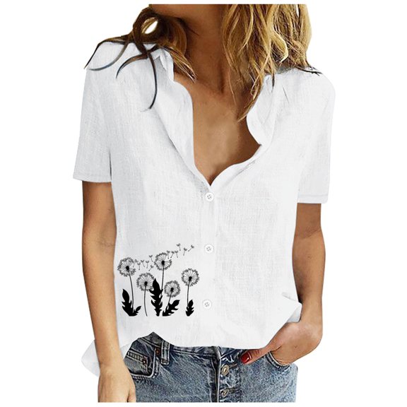 Fesfesfes Cream Short Sleeve Shirt Women Women Printed Short Sleeve Loose Button Turndown Collar Shirt Solid Blouse Tops Womens Tees Loose Fit 8(L)