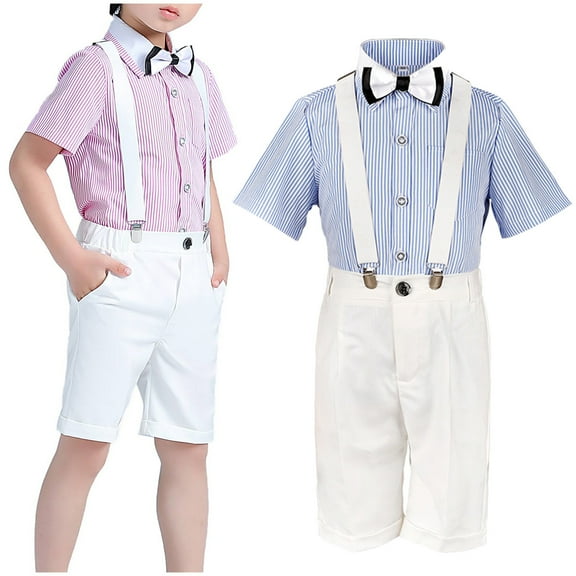 Fesfesfes Cute Baby Boy Outfit Dressy Toddler Baby Boys Fashion Short Sleeve Blouse Tie Solid Color Overalls Gentleman's School Uniform Suit 2-3 Years