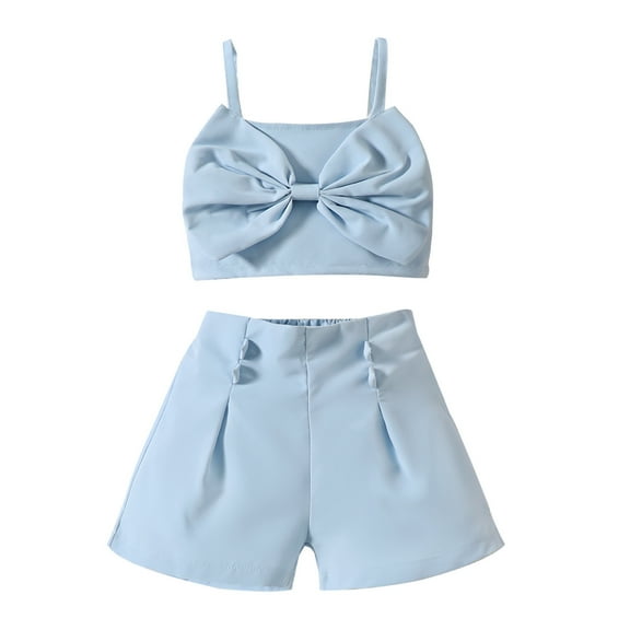 Fesfesfes Cute Baby Girl Outfit 2-5 Years Summer Girls Suspender Belt Bow Top + Shorts Set 3-4 Years