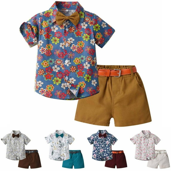 Fesfesfes Cute Boy Outfits Summer Children's Wear Boy's Short-sleeved Lapel Shirt Shorts Suit With Belt Tie 18-24 Months
