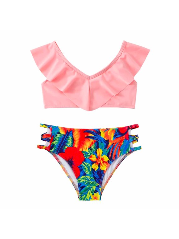 Cute Cow Floral Print Bikini Set Swimsuit Sets, Sizes 8-9 Years