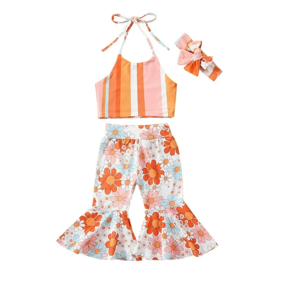 Fesfesfes Cute Outfits For Kids Toddler Kids Baby Girls Fashion Cute Flower Print Ruffles Vest Flared Pants Hairband Suit 4-5 Years
