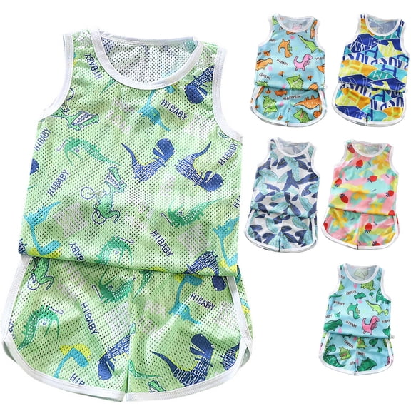 Fesfesfes Cute Outfits For Kids Shorts Sports Suit Thin Sections Undershirt Suit Boys And Girls Summer Mesh Breathable Sleeveless Two-piece Suit 1-8 Years 7-8 Years