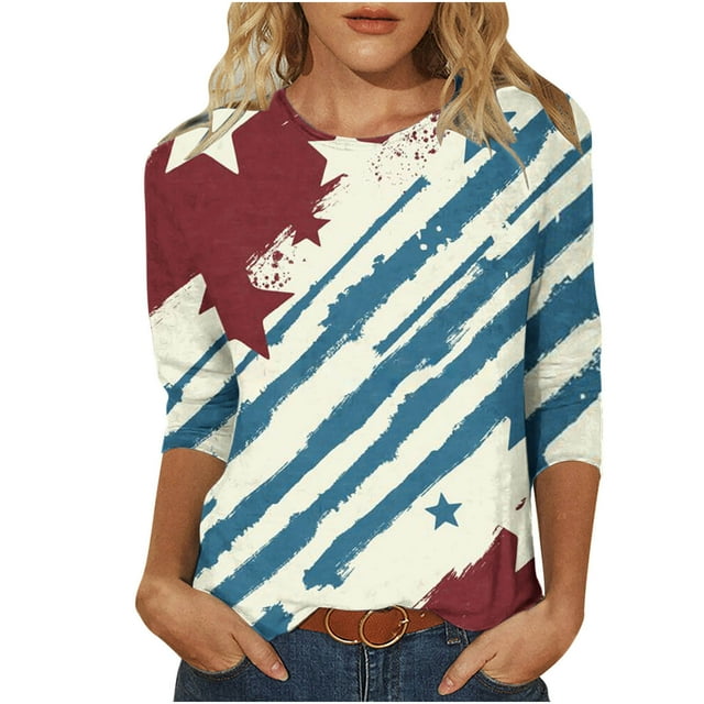 Fesfesfes Cute Short Sleeve Tops for Women Women's Fashion Printed T-shirt Mid-length 3/4 Sleeves Blouse Round Neck Casual Tops Valentines Day T Shirts for Women 14(XXXL)