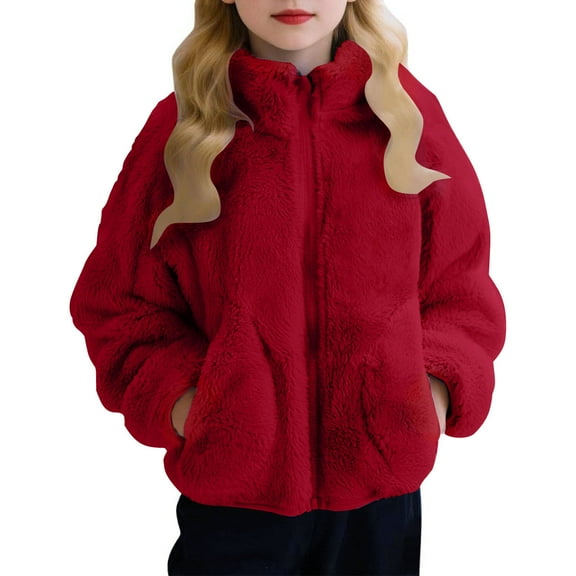 Fesfesfes Cute Solid Color Long Sleeve Hoodless Jacket with Pockets Stand Up Collar Pocket Coat for Big Kids Children Casual Outerwear Winter Warm Daily Wear(Red,1 Years)