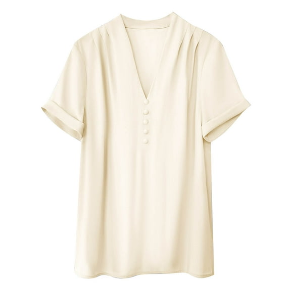 Fesfesfes Daily Shirts Women Fashion Women's Casual Short Sleeve V-Neck Solid ButtonLadies Tops Blouse Undershirts Short Sleeve Women 2XL(US:12)