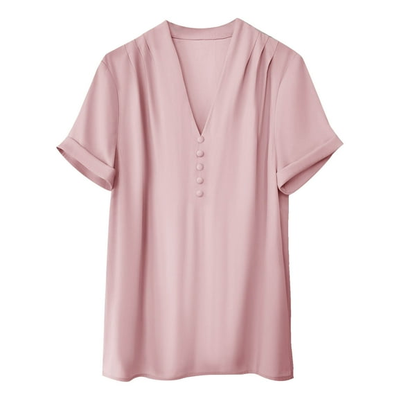 Fesfesfes Daily Shirts Women Fashion Women's Casual Short Sleeve V-Neck Solid ButtonLadies Tops Blouse Undershirts Short Sleeve Women M(US:6)