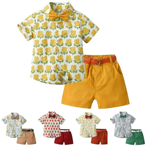 Fesfesfes Dress Outfits Summer Childrens Wear Boys Short sleeved Lapel Shirt Shorts Suit With Belt Tie