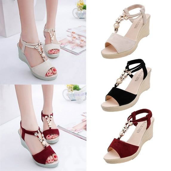 Fesfesfes Dress Sandals For Women Peep-toe Pump Women Ladies Fashion Wedges String Bead Casual Roman Sandals Shoes 7.5(40)