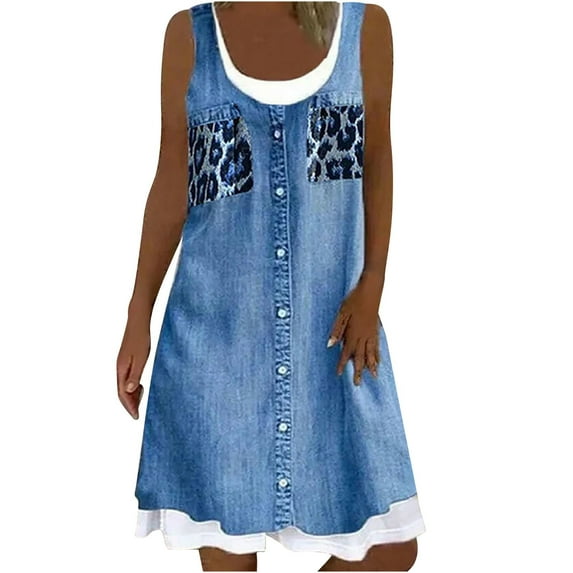 Fesfesfes Dress for Women Casual Round-Neck Vest Dress Floral Printing Fake Two-Piece Sleeveless Dress Women Dress Clearance