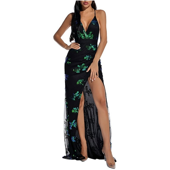 Fesfesfes Dresses for Women Floral Print Boho Dress Casual V Neck Sexy Sleeveless High Slit Party Gowns Dress