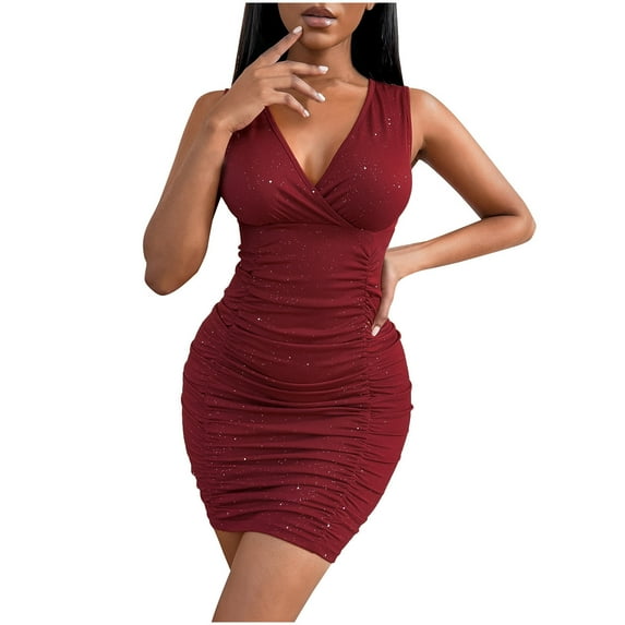 Fesfesfes Dresses for Women Solid Color Evening Gowns V Neck Sleeveless Sling Dress Casual Skinny Semi Formal Mini Dress