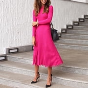 Fesfesfes Dresses for Women Solid Color Knitted Long Sleeve Party Dress Round Neck Bottoming Pleated Dress