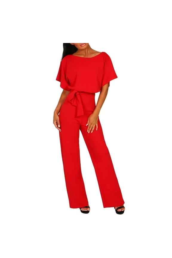 Dressy Jumpsuit for Women Short Sleeve Round Neck Playsuit Clubwear Straight Leg Solid Color Jumpsuit With Belt