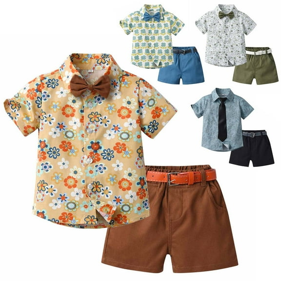 Fesfesfes Dressy Outfits For Boys Summer Summer Children's Wear Boy's Short-sleeved Lapel Shirt Shorts Suit With Belt Tie 2-3 Years