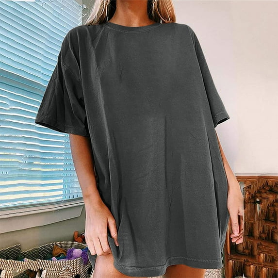 Fesfesfes Dropped Sleeve Short Sleeve Tops for Women Solid Color Round Neck T-Shirt Loose Casual Tunic Tops Ladies Shirt