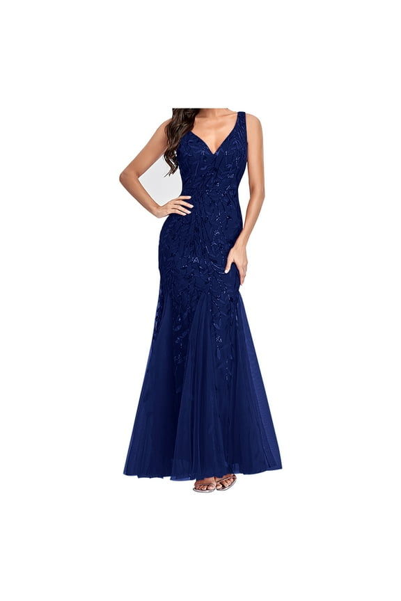 Evening Gowns for Women Slim Fit Formal Sequins Long Dress Casual Mesh Patchwork V Neck Sleeveless Dress Elegant Bodycon Party Dress