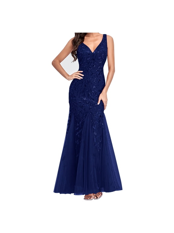Evening Gowns for Women Slim Fit Formal Sequins Long Dress Casual Mesh Patchwork V Neck Sleeveless Dress Elegant Bodycon Party Dress