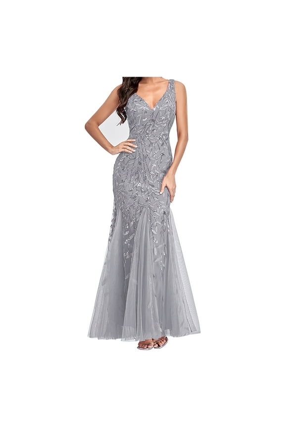 Evening Gowns for Women Slim Fit Formal Sequins Long Dress Casual Mesh Patchwork V Neck Sleeveless Dress Elegant Bodycon Party Dress