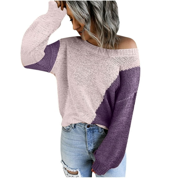 Fesfesfes Fall And Winter Sweater Women's Casual O-Neck Pullover Blouse Long Sleeve Color Block Tops Sweater Tops on