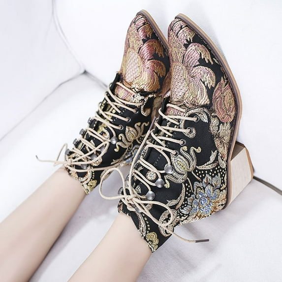 Fesfesfes Fall Boots Women Ethnic Retro Embroidery Boots Chunky Heel High Heel Pointed Toe Short Boots 9.5(43)