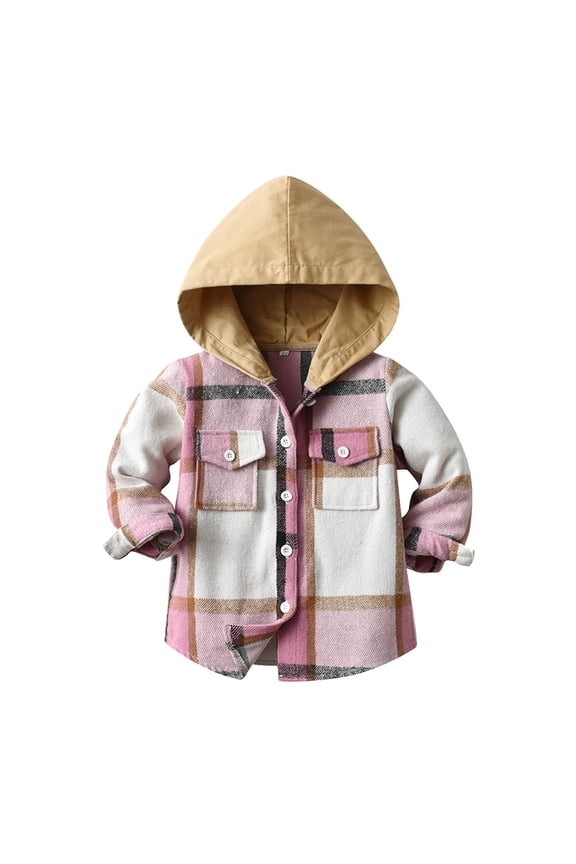 Fall Winter Shacket for Kids Toddler Flannel Shirt Hoodie Jacket Plaid Long Sleeve Shacket Baby Boys Girls Fall Shirt Coat Outwear(Pink#1,3-6 Months)