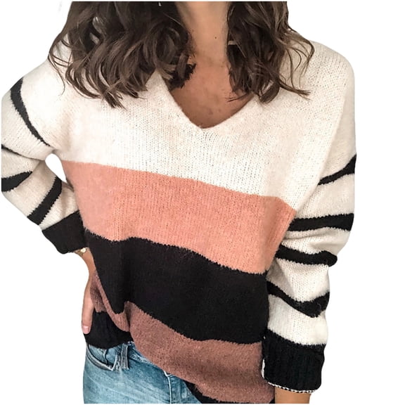 Fesfesfes Fall Winter Sweater Women's V-neck Striped Fashion Long-Sleeved Knitting Sweater Top Tops on