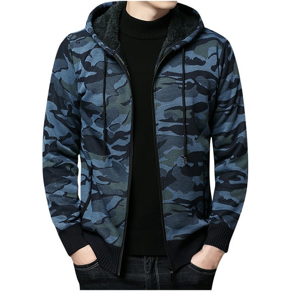 Fesfesfes Fall/winter Hoodie Tops Men's New Style Velvet Hooded Long-sleeved Knitted Warm Jacket