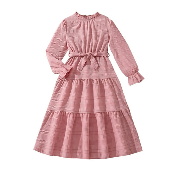 Fesfesfes Fashion Dress for Kids Girls and Children Solid Color Long Sleeved Dresses for Relaxed and Stylish Wear 8-13 Years(Pink,12 Years)