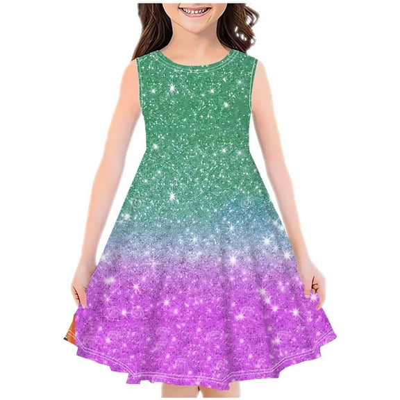 Fesfesfes Fashion Girls New Sleeveless Round Neck Dress Comfortable Breathable Outfits 4-14 Years Summer Printed Swing Dresses for Stylish and Casual Wear(Green#1,5-6 Years)