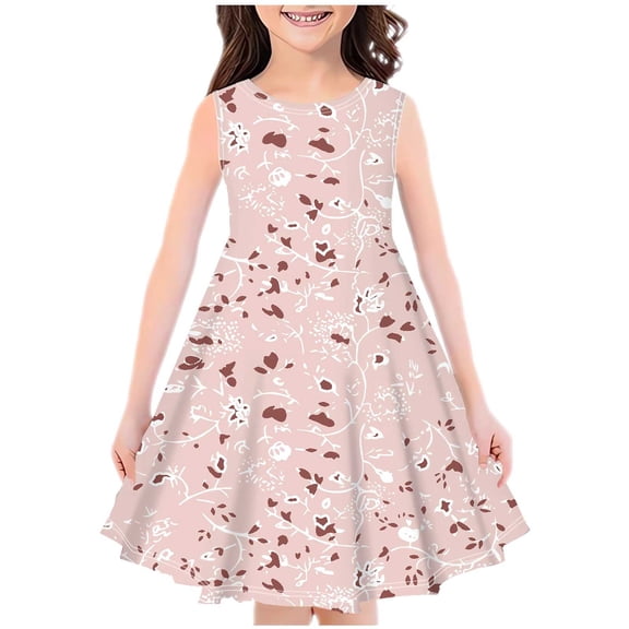 Fesfesfes Fashion Girls New Sleeveless Round Neck Dress Comfortable Breathable Outfits 4-14 Years Summer Printed Swing Dresses for Stylish and Casual Wear(Pink,4-5 Years)