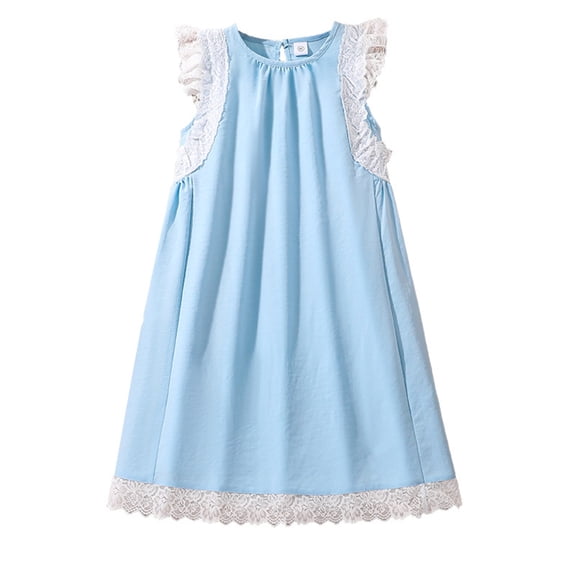 Fesfesfes Fashion Girls Spring And Summer Short Sleeve Round Neck Ruffle Dress Princess Skirt(Light Blue,10 Years)