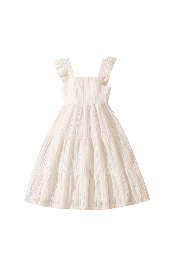 Fashion Girls Spring And Summer Short Sleeve Round Neck Ruffle Dress Princess Skirt(White,9 Years)