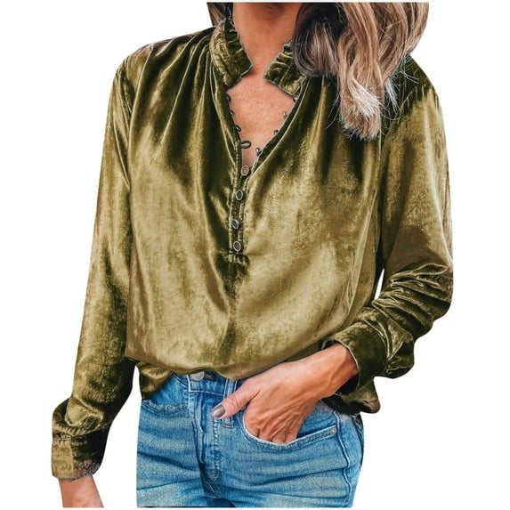 Fesfesfes Fashion Tops Sweatshirt for Women Buttons Solid Long Sleeve Casual V-Neck Shirt Blouse Tops Under $10