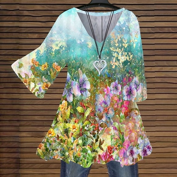 Fesfesfes Fashion Tops for Womens Floral-Print Casual Short Sleeve V Neck & Tops Thin Blouse Ladies Tops Women Tshirts 2XL(US:12)
