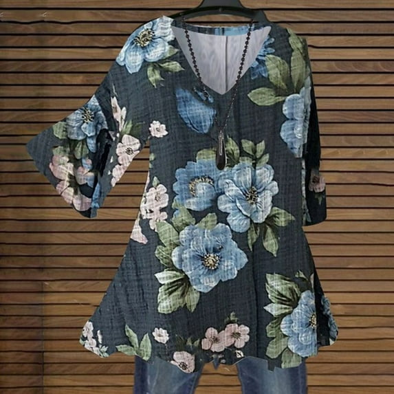 Fesfesfes Fashion Tops for Womens Floral-Print Casual Short Sleeve V Neck & Tops Thin Blouse Ladies Tops Women Tshirts 2XL(US:12)
